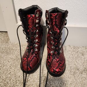 Shoe Dazzle Red Combat Moto Boots with Chunky Sole